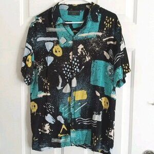 No Boundaries Black Abstract Print Shirt Men's Large (42-44) 100% Rayon